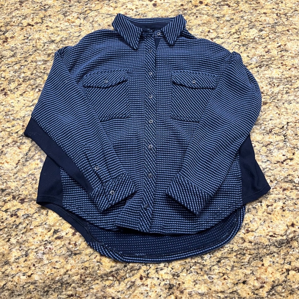 Aerie Womens Waffle Knit Striped Shacket Button Down Shirt Navy Blue Small